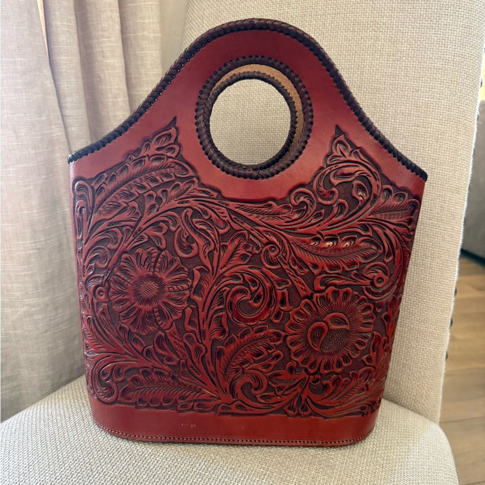 Hand-Tooled Floral Leather bucket Tote Bag